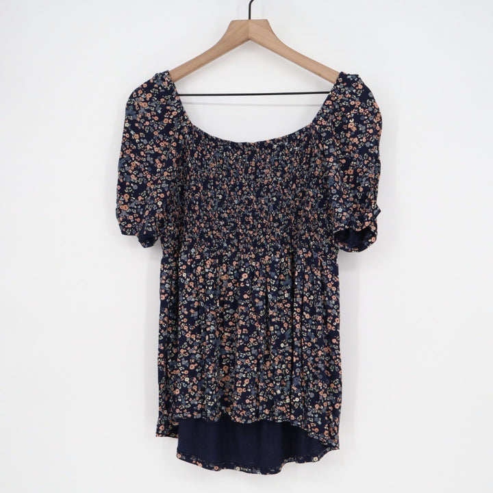 Isabel Maternity Smocked Bodice Floral Print Square Neck Puff Sleeve Top XL