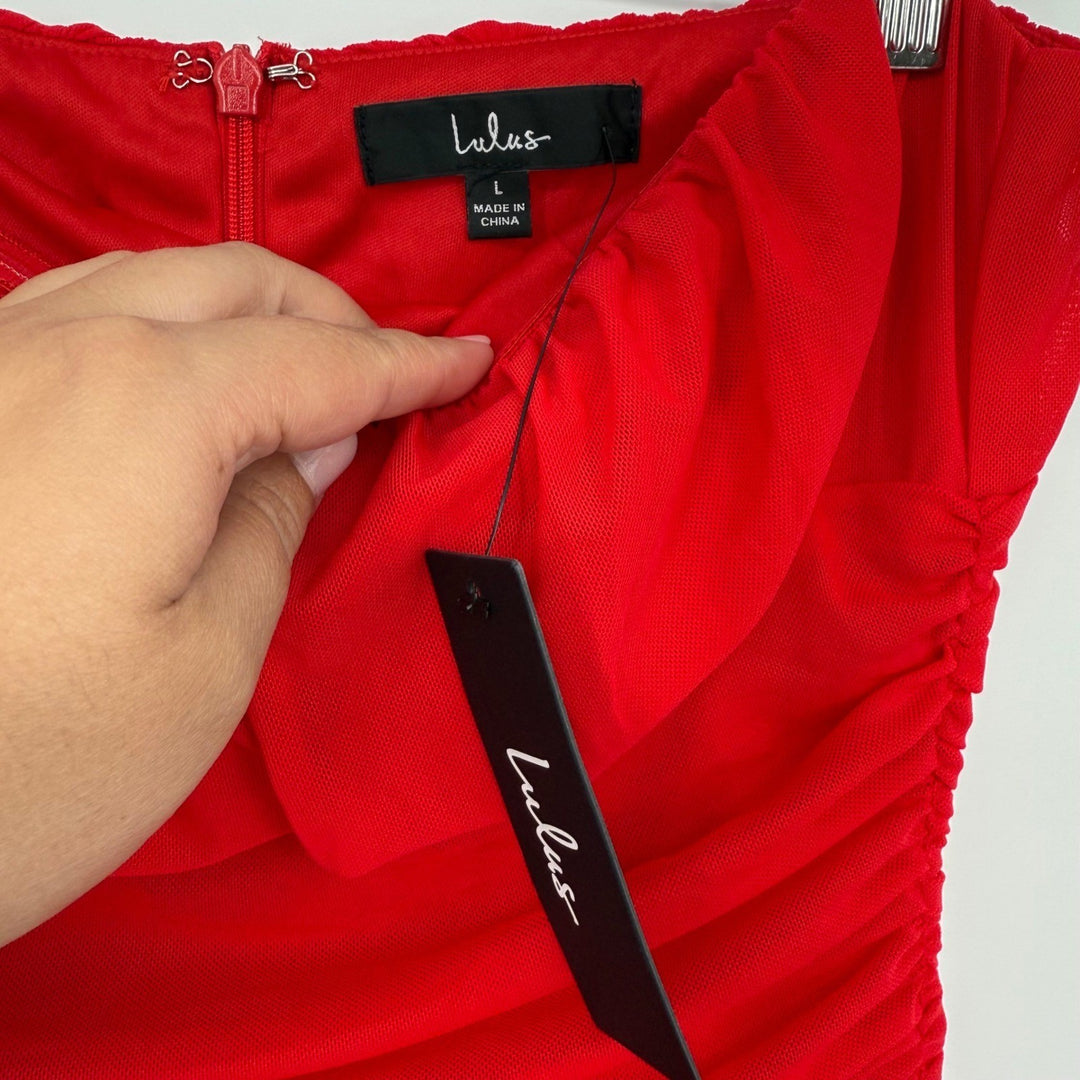 Lulus Exceptional Existence Red Mesh Ruched Tiered Maxi Dress