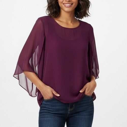 AB Studio Plum Purple Sheer Flutter Sleeve Top Size Medium