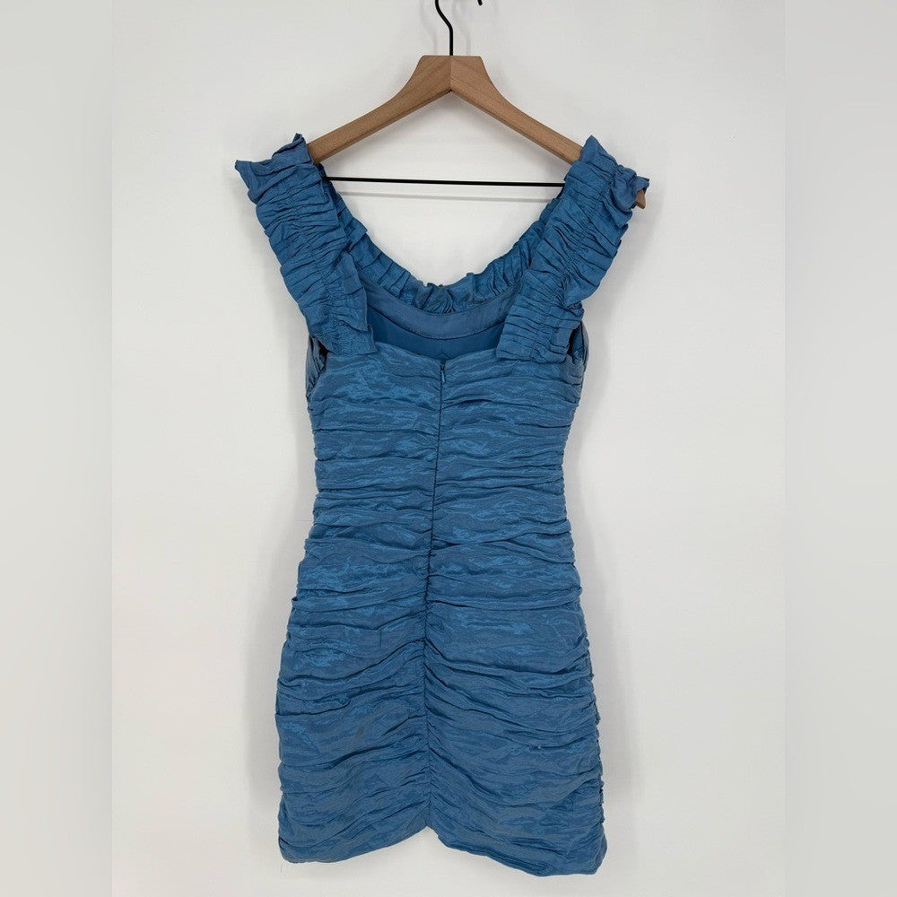 BCBGMaxazria Blue Mini Dress Form Fitting With Ruffles Women's Size 8