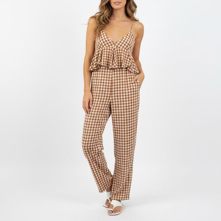 SAYLOR Gingham Peplum Wide Leg Jumpsuit Rust White Size M