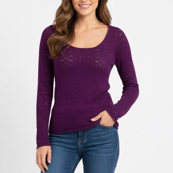 Catherine Malandrino Purple Knit Lace Trim Long Sleeve Top Size M