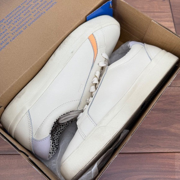 Keds Cream Leather Sneakers with Orange Stripe & Leopard Print Accent