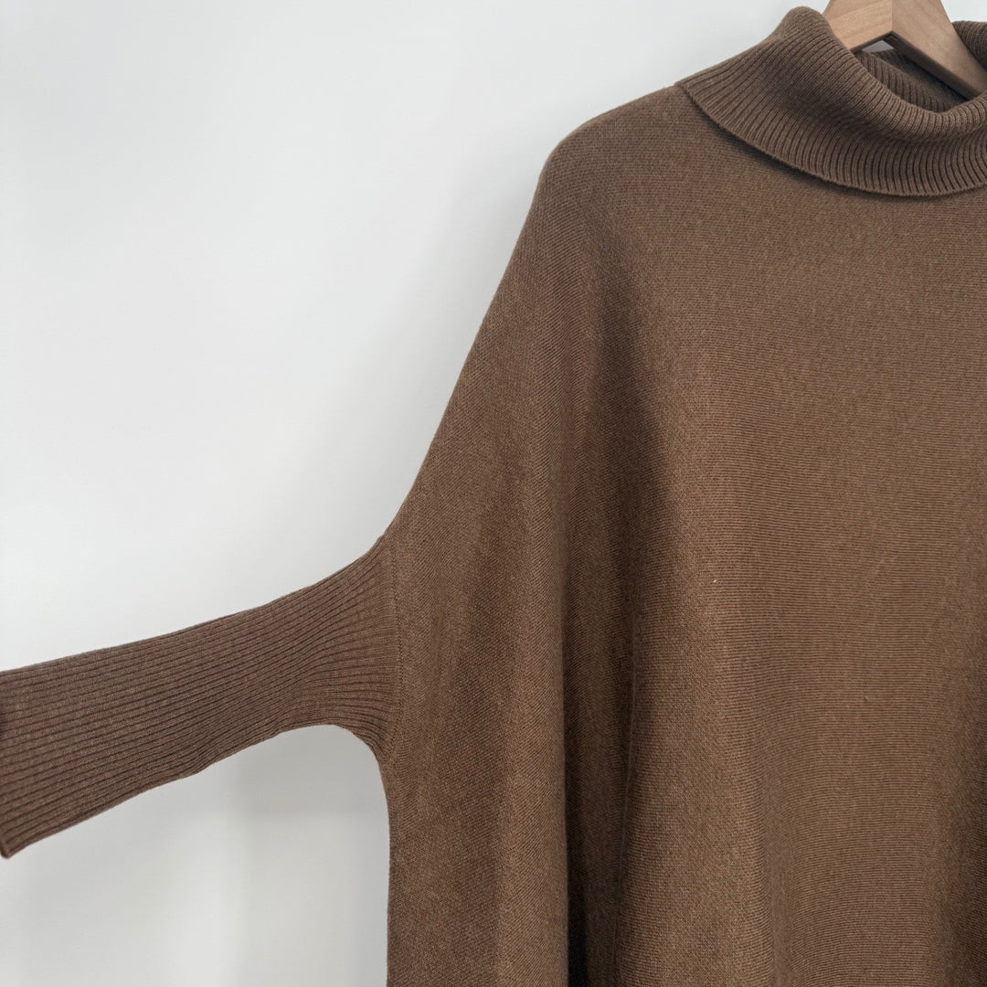 MAGASCHONI Women's Brown Wool Blend Turtleneck Fringe Poncho Sweater S/P