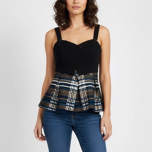 Anthropologie Deletta Nathalie Peplum Top Black Pleated Stripes Plaid Size L