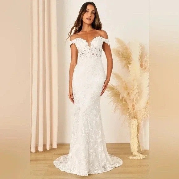 Lulus Precious Romance White Embroidered Off-The-Shoulder Maxi Dress Size 4