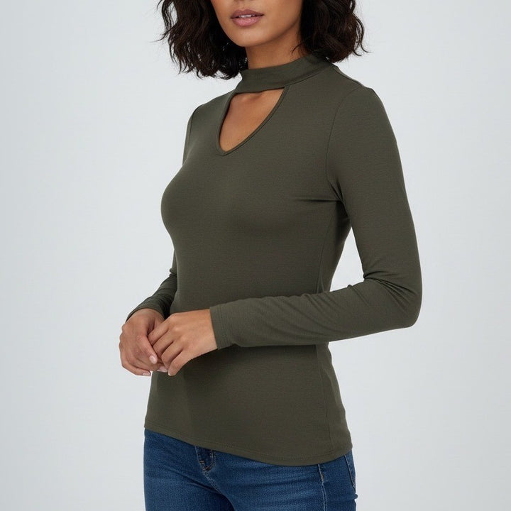 Hippie Kulse Long Sleeve Mock Neck Cutout Knit Top Olive Green Size XS