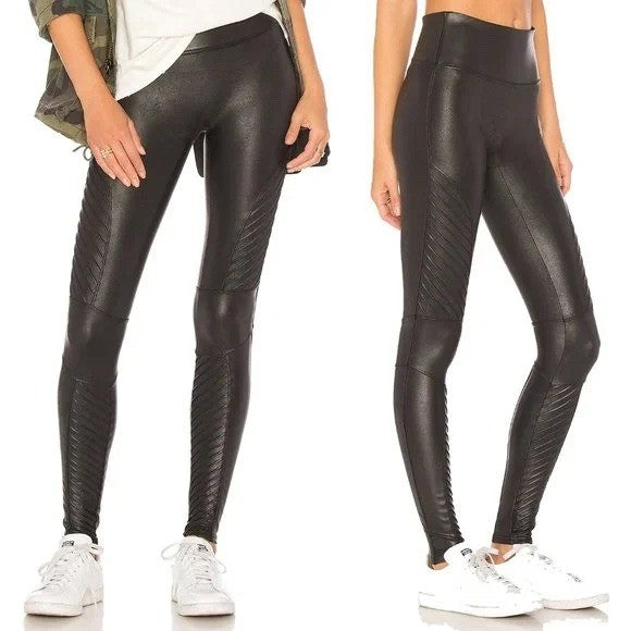 SPANX Moto Velvet Leggings Black High Waist Moto Paneled Size L