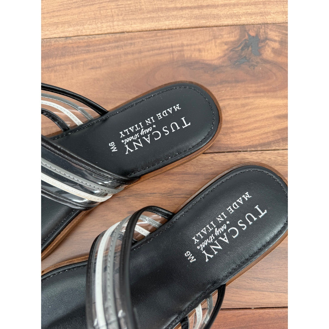 Tuscany Easy Street Black Thong Sandals Clear Straps Made in Italy Size 9W