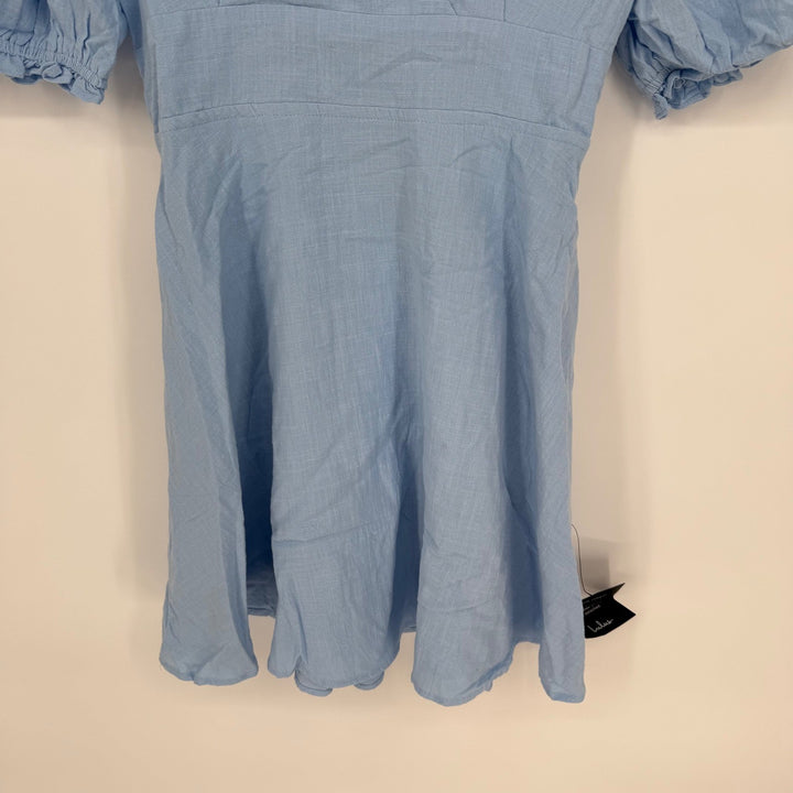 Lulus Dreaming Of Paris Blue Puff Sleeve Mini Dress With Pockets Size M
