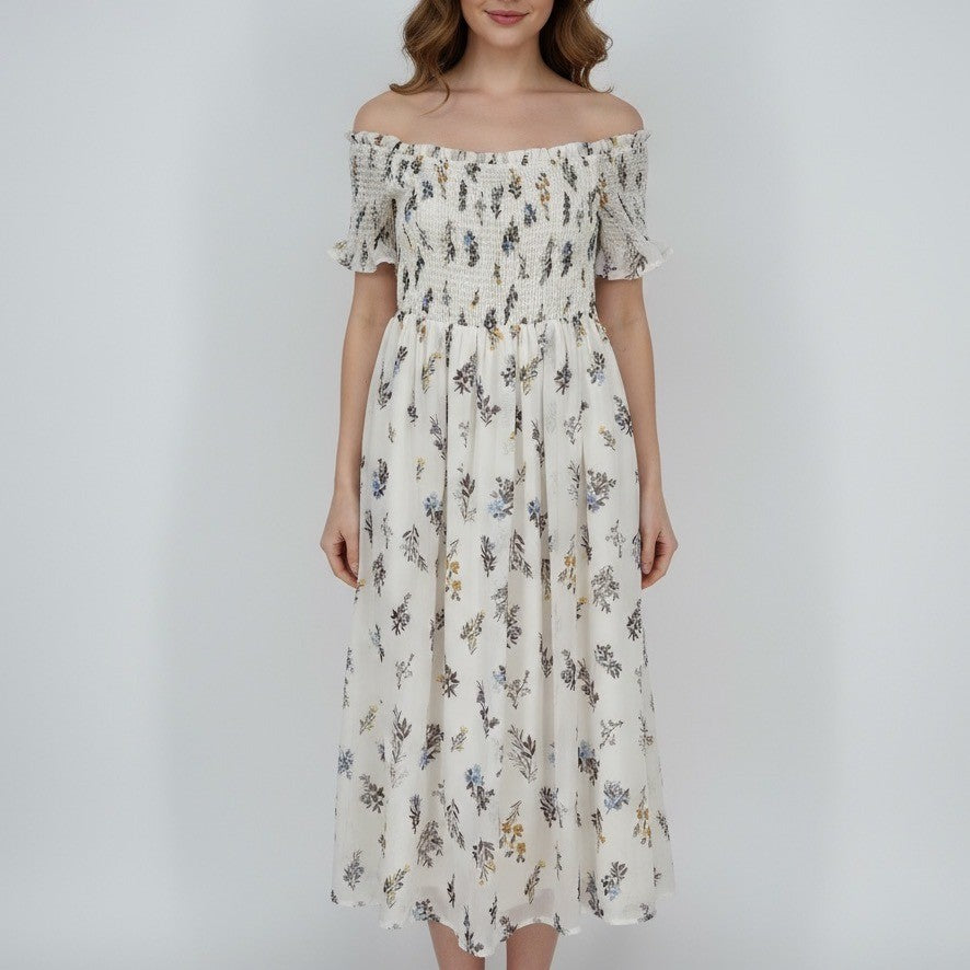 AQUA Smocked Off Shoulder Floral Midi Dress White Blue Yellow Size S