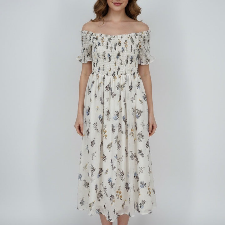 AQUA Smocked Off Shoulder Floral Midi Dress White Blue Yellow Size S