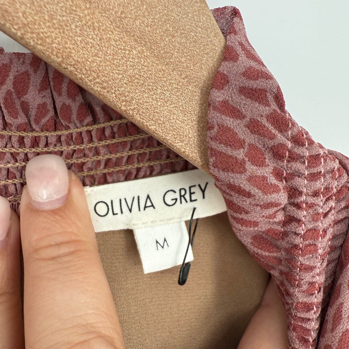 Olivia Grey Dress Animal Print Ruffle Mock Neck Sleeveless Mini Size M