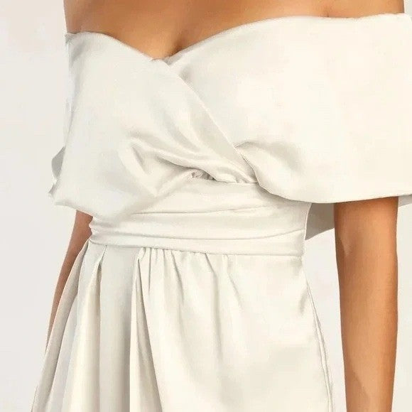 Lulus Always Celebrating Ivory Satin Off-The-Shoulder Mini Dress Size M