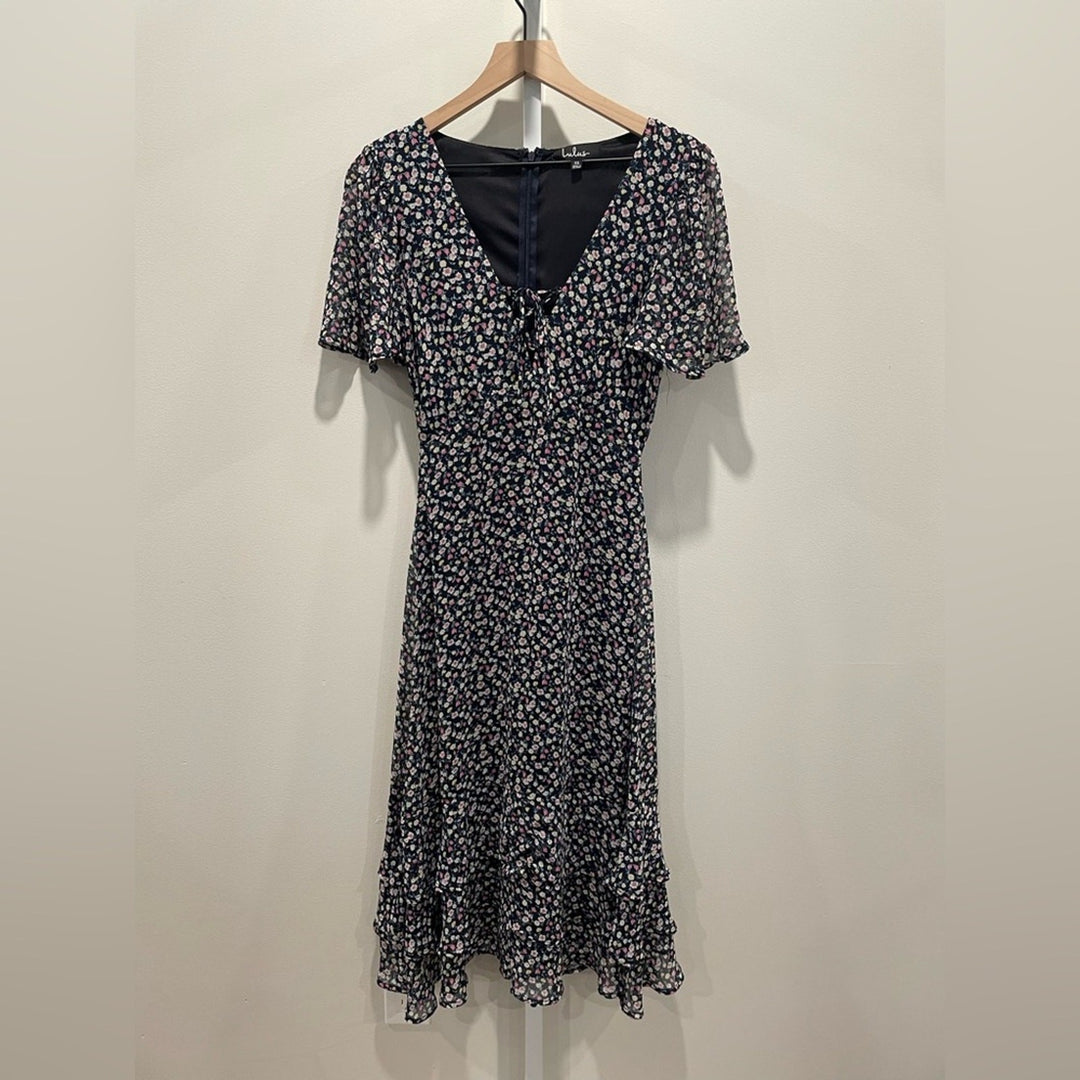 Lulus Renee Navy Blue Floral Print Ruffled Lace-Up Midi Dress Size XS