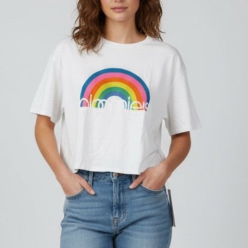 Bloomies Rainbow Graphic T-Shirt White Short Sleeve Top Made in USA Women's M