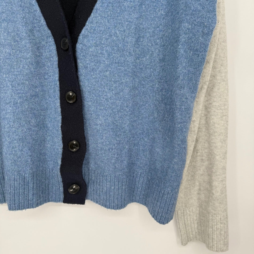 Talbots Color Block Cardigan Sweater Large Blue Gray Black Button Front Knit