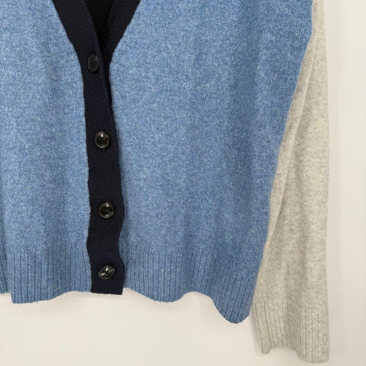 Talbots Color Block Cardigan Sweater Large Blue Gray Black Button Front Knit