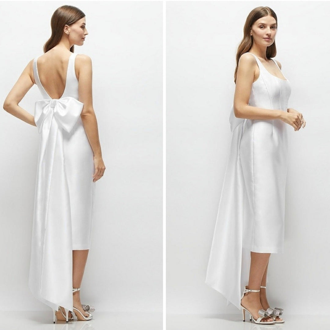 Alfred Sung Scoop Neck Corset Satin Midi Dress With Floor-Length Bow Size 0