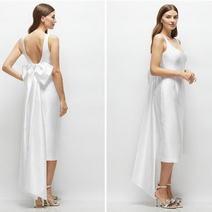 Alfred Sung Scoop Neck Corset Satin Midi Dress With Floor-Length Bow Size 0