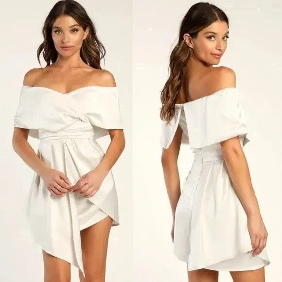 Lulus Always Celebrating Ivory Satin Off-The-Shoulder Mini Dress Size M