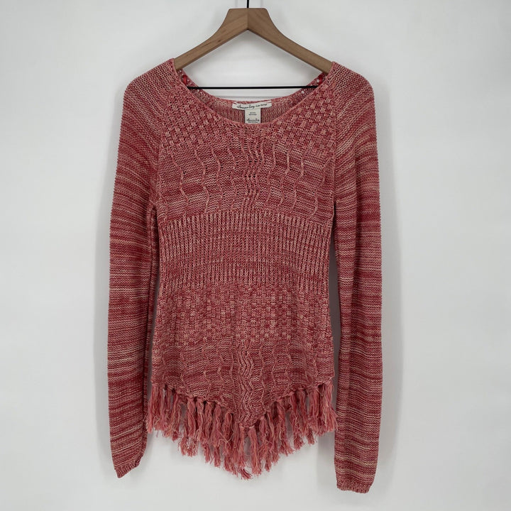 American Rag Cie Knit Sweater Fringe Red Pink Tan Marled Size S