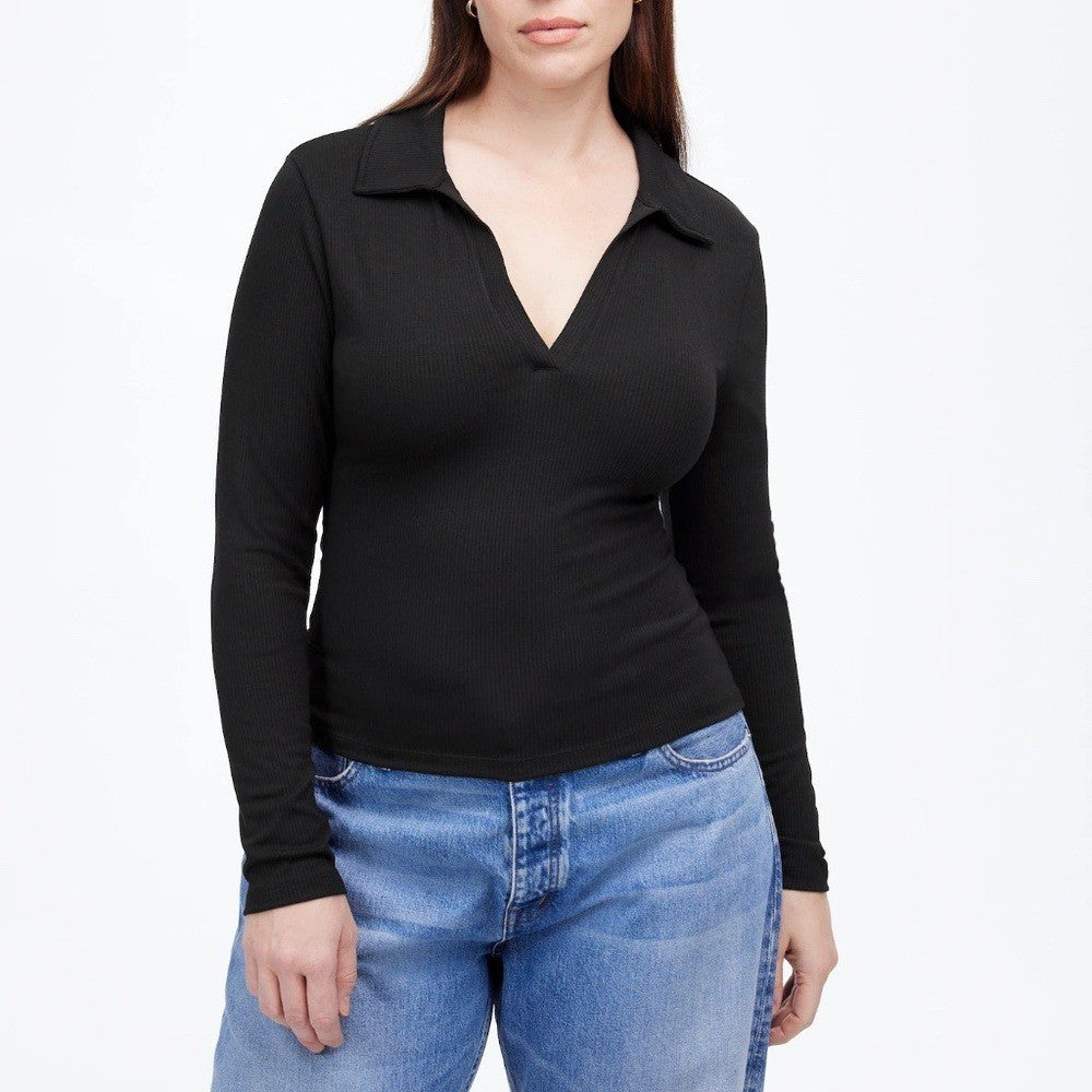 Madewell Drapey Rib Long-Sleeve Polo Top Size XXS