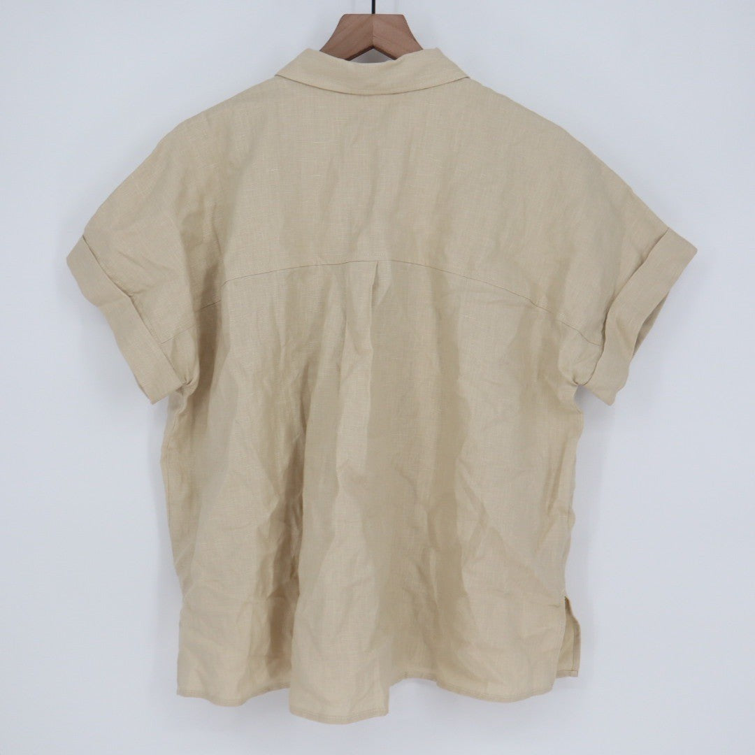 American Giant Linen Button Up Shirt Khaki Tan Short Sleeve Collared Size L