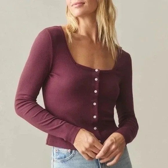 American Giant Ribbed Button Front Long Sleeve Crop Top Burgundy Size L