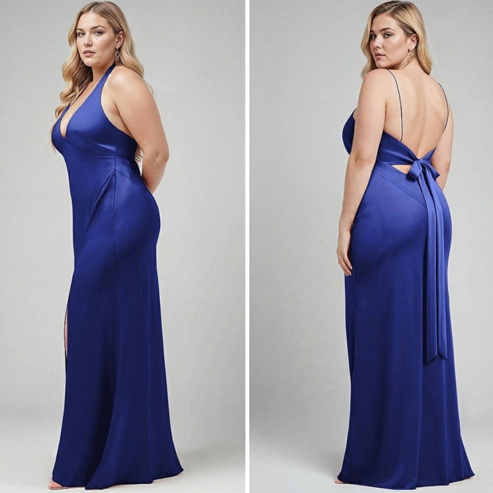 After Six Plunge Halter Open-Back Maxi Bias Dress With Low Back Size M