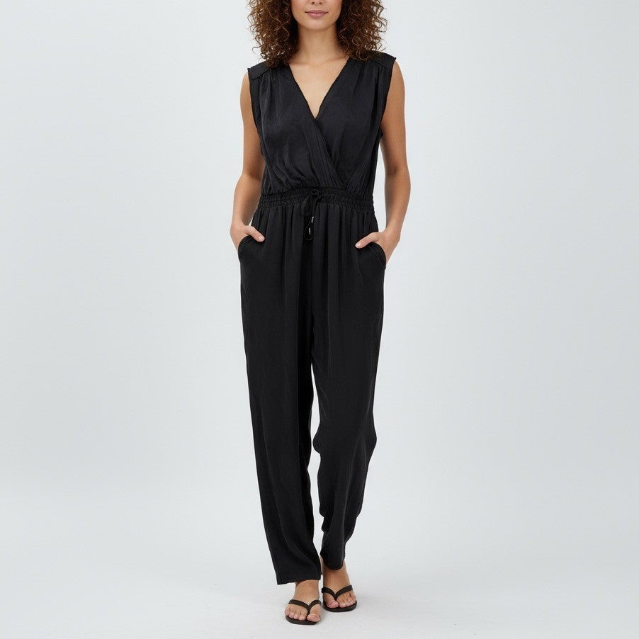 eleven*sixes Black Sleeveless V Neck Wrap Style Drawstring Waist Jumpsuit