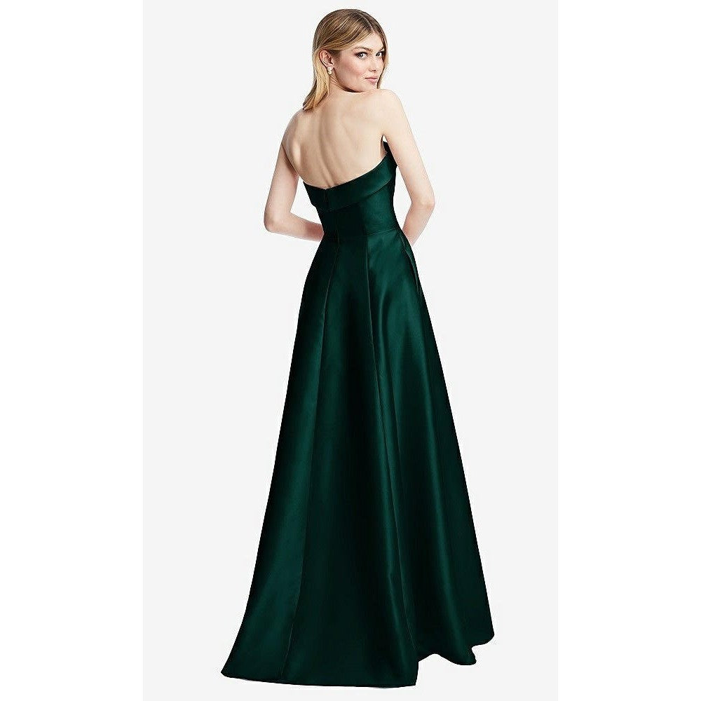 Alfred Sung Strapless Bias Cuff Bodice Satin Gown With Pockets In Evergreen