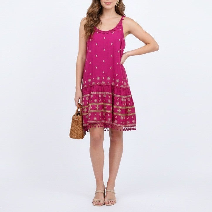 Calypso St Barth Pink Linen Beaded Pom Pom Flounce Dress XS