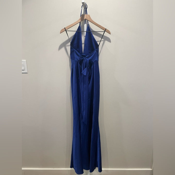 After Six Plunge Halter Open-Back Maxi Bias Dress With Low Back Size M