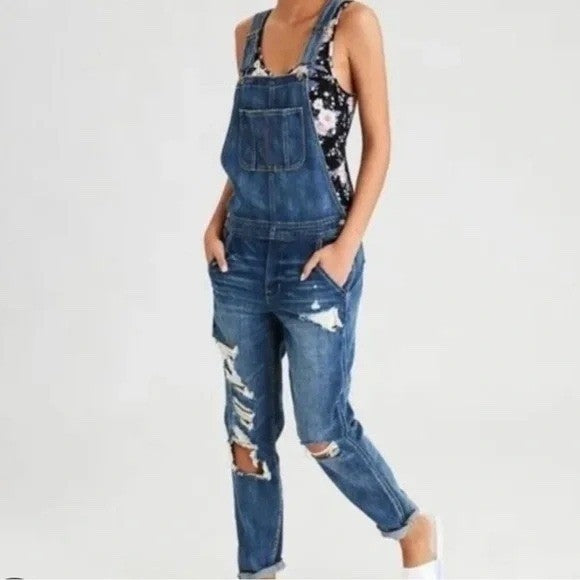 American Eagle Outfitters Tomgirl Overalls Distressed Denim Blue Size M