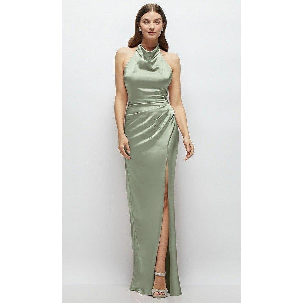 Lovely Noor Cowl Halter Open-Back Satin Maxi Dres In Sage Size XS