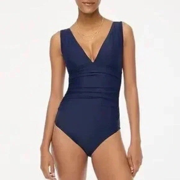 J. Crew Navy Ruched V Neck One Piece Swimsuit Size L