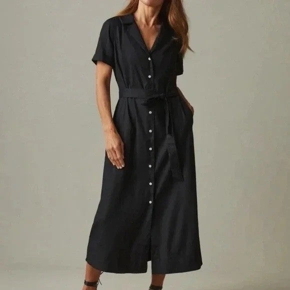 American Giant Black Linen Blend Button Front Belted Midi Dress Size S