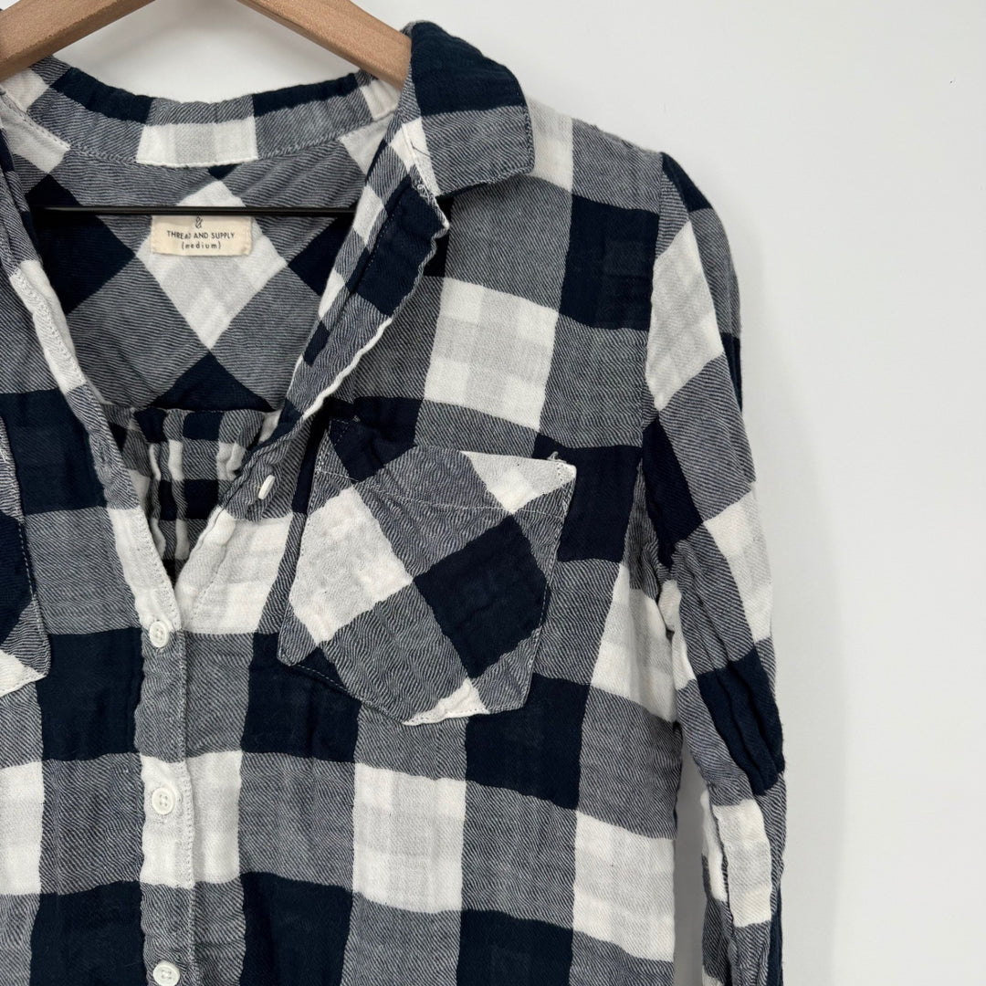 Thread & Supply Plaid Flannel Shirt Button Down Long Sleeve Navy Ivory M