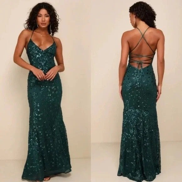 Lulus Photo Finish Forest Green Sequin Lace-up Maxi Dress Size S