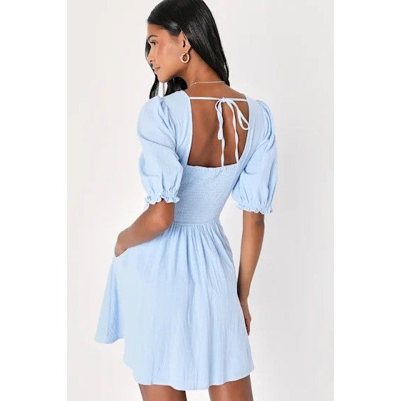 Lulus Dreaming Of Paris Blue Puff Sleeve Mini Dress With Pockets Size M