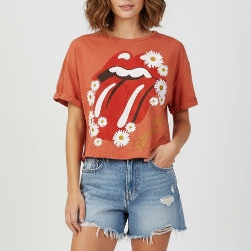 The Rolling Stones Daisy Lips Cropped T Shirt Orange Cotton Size S