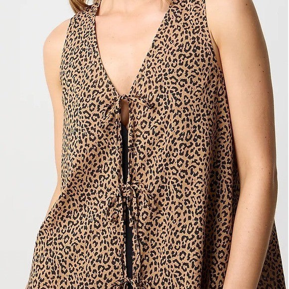 J Crew Sleeveless Leopard Print Tie Front Tunic Top Women Size L