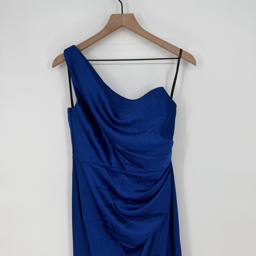 After Six One-Shoulder Cat-Eye Neckline Fit And Flare Satin Maxi Dress Size 8