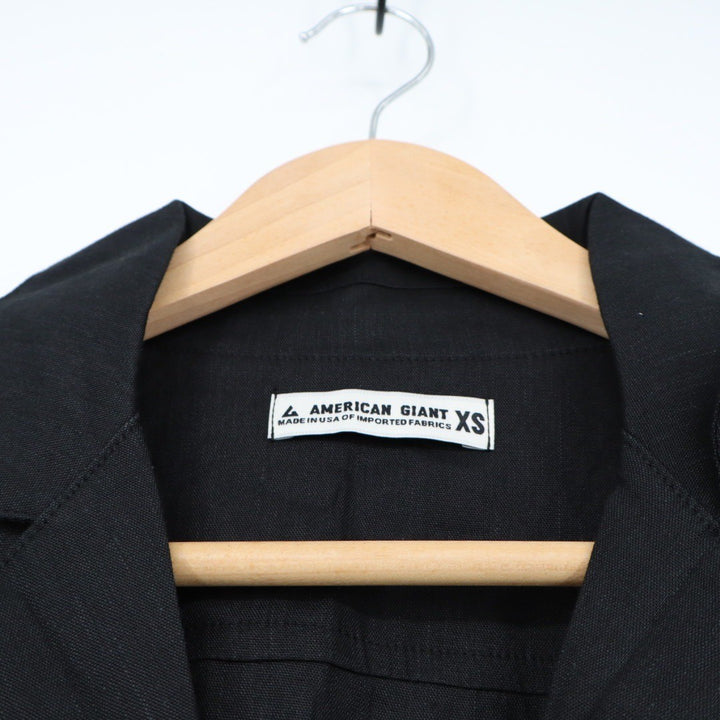 American Giant Black Linen Blend Button Front Belted Shirt Dress XS