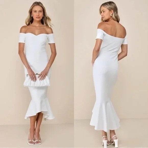 Lulus How Much I Care Ivory Off-The-Shoulder Midi Dress Size S
