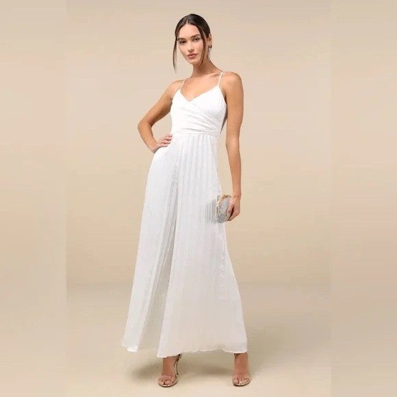 Lulus Memorably Sophisticated White Satin Pleated Backless Jumpsuit Size XS
