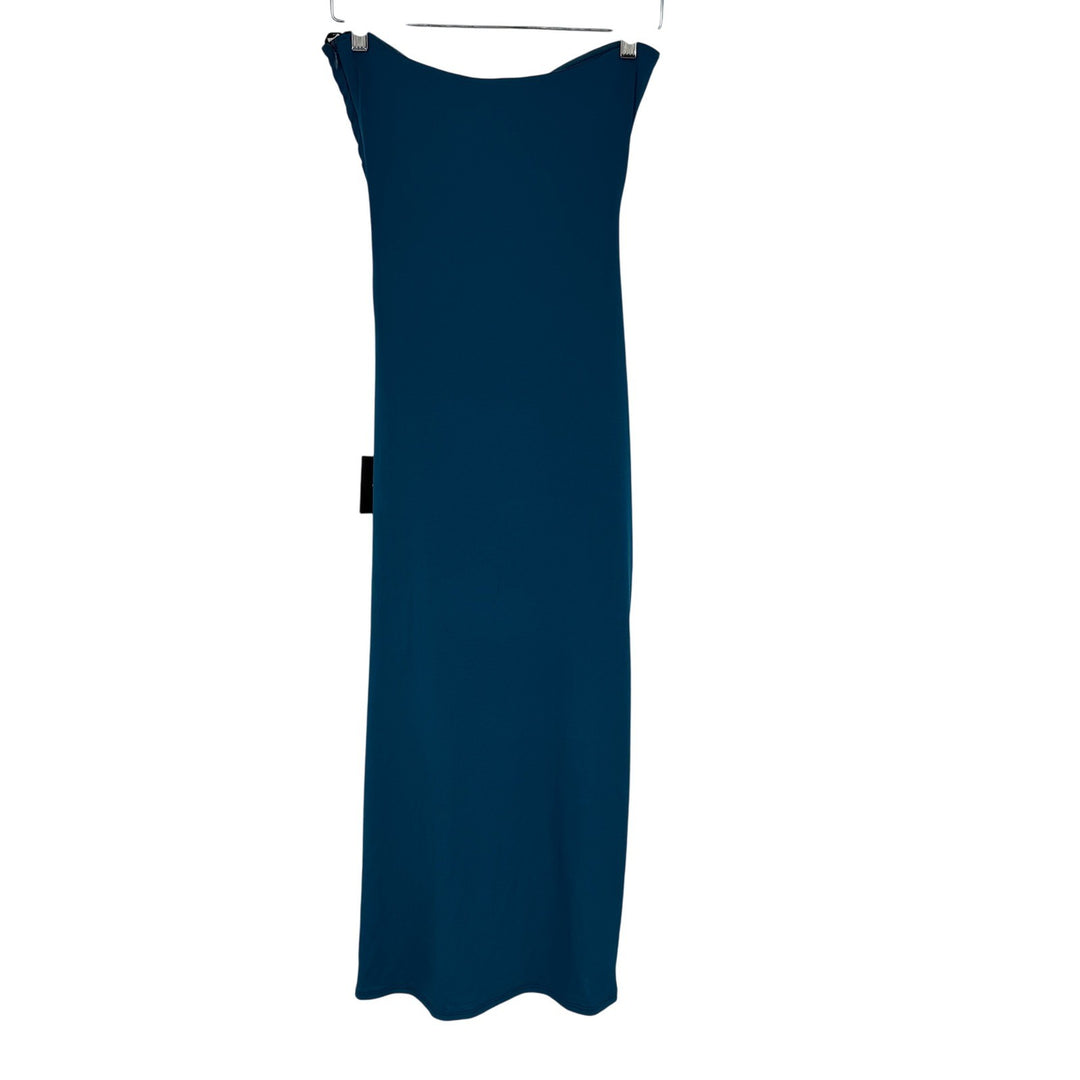 Lulus Eliska Teal Blue Slinky Drawstring Ruched Strapless Midi Dress Size S