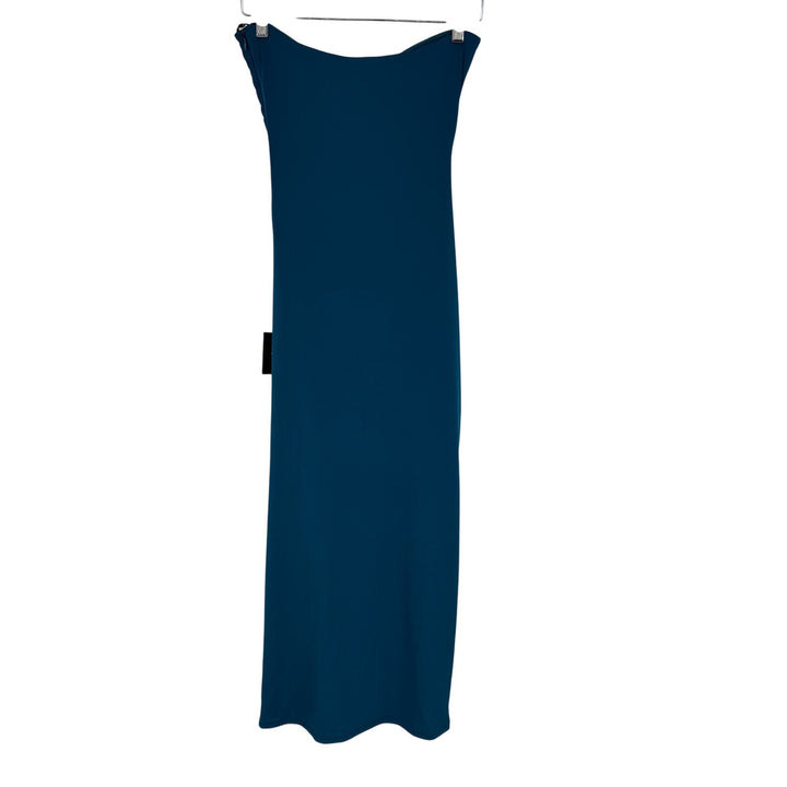 Lulus Eliska Teal Blue Slinky Drawstring Ruched Strapless Midi Dress Size S