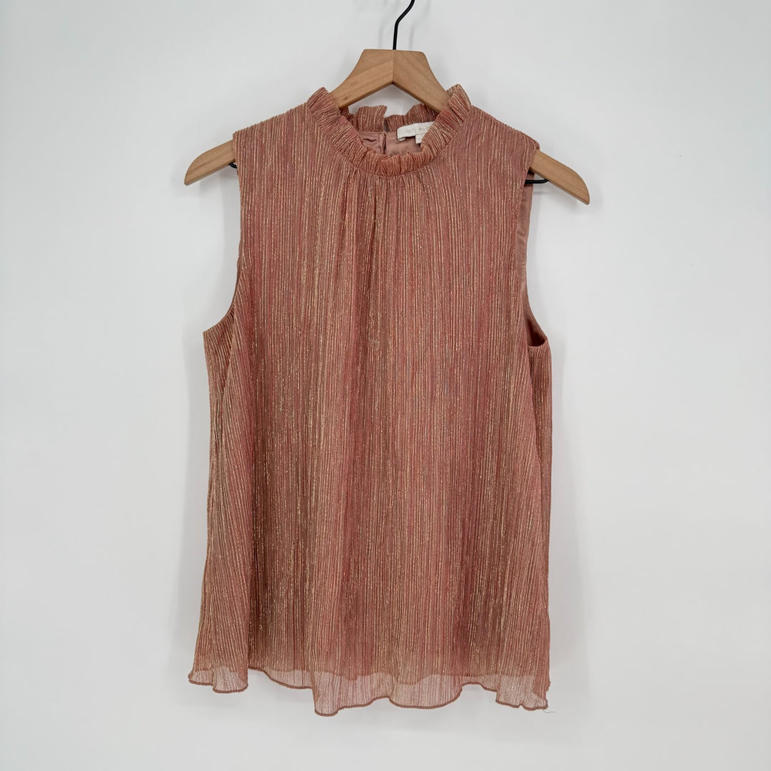 Anthropologie Eri + Ali Top Women Small Rose Gold Shimmer Ruffle Keyhole Back